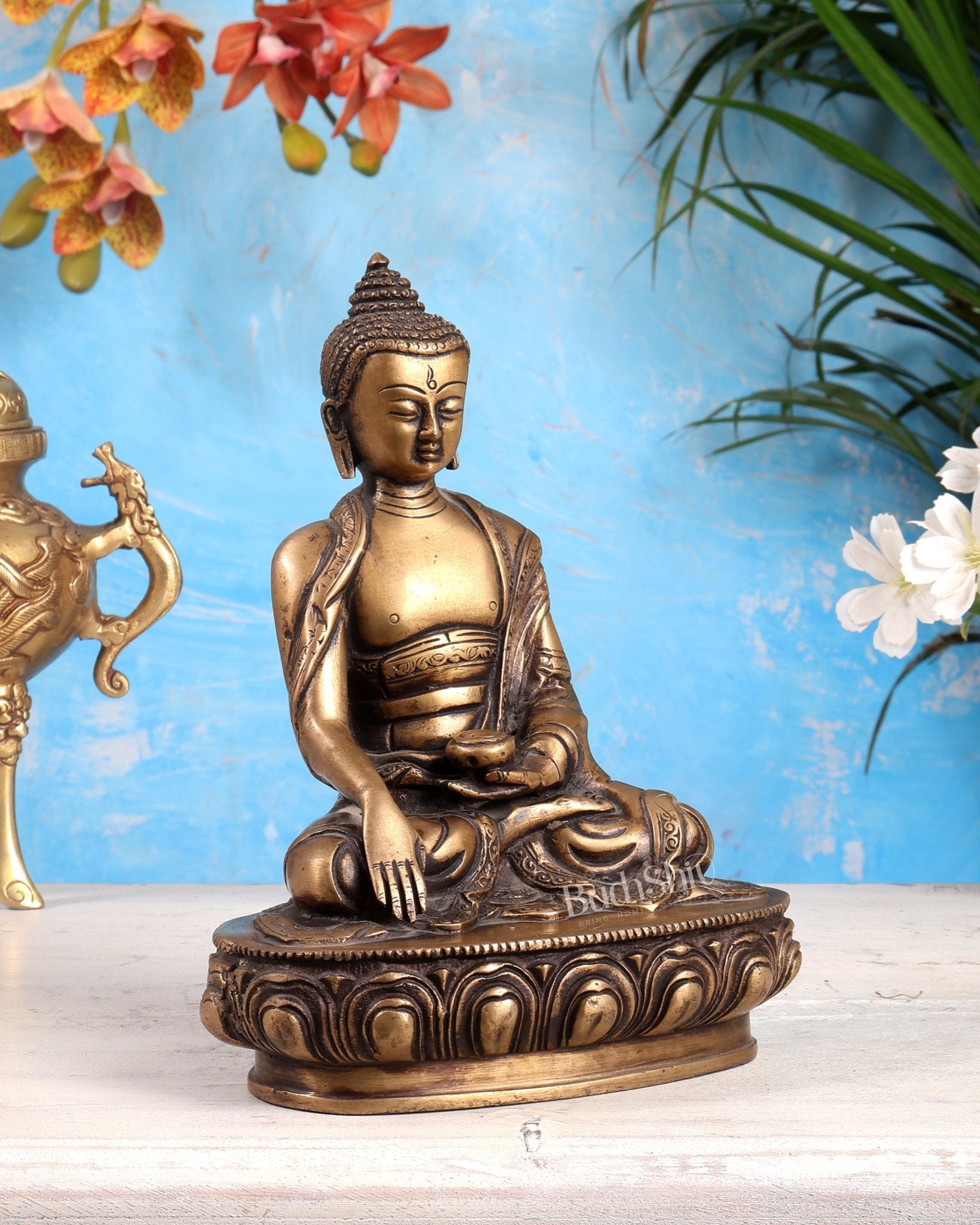 Pure Brass Buddha Statue Dull antique tone 8" - Budhshiv.com