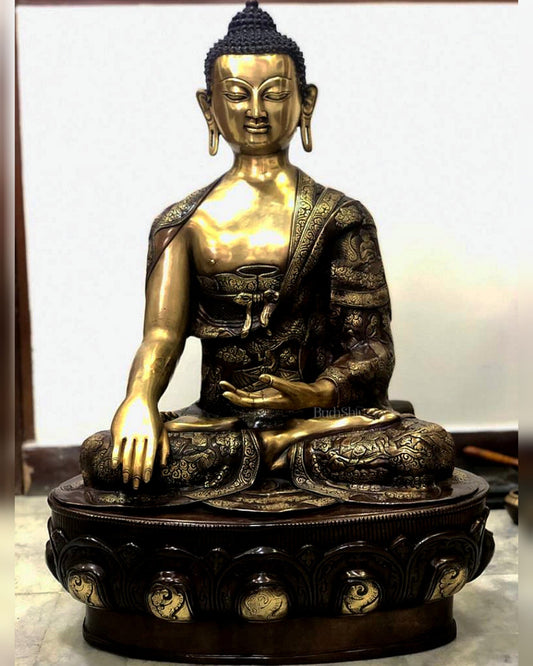 Pure Brass Buddha Statue - Handcrafted, 33" Tall, 48kg - Budhshiv.com