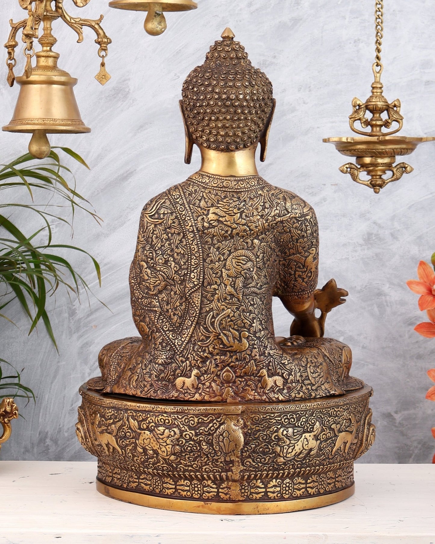 Pure Brass Buddha statue Handcrafted with Dragon Carvings 22" - Budhshiv.com