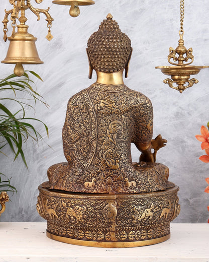 Pure Brass Buddha statue Handcrafted with Dragon Carvings 22" - Budhshiv.com