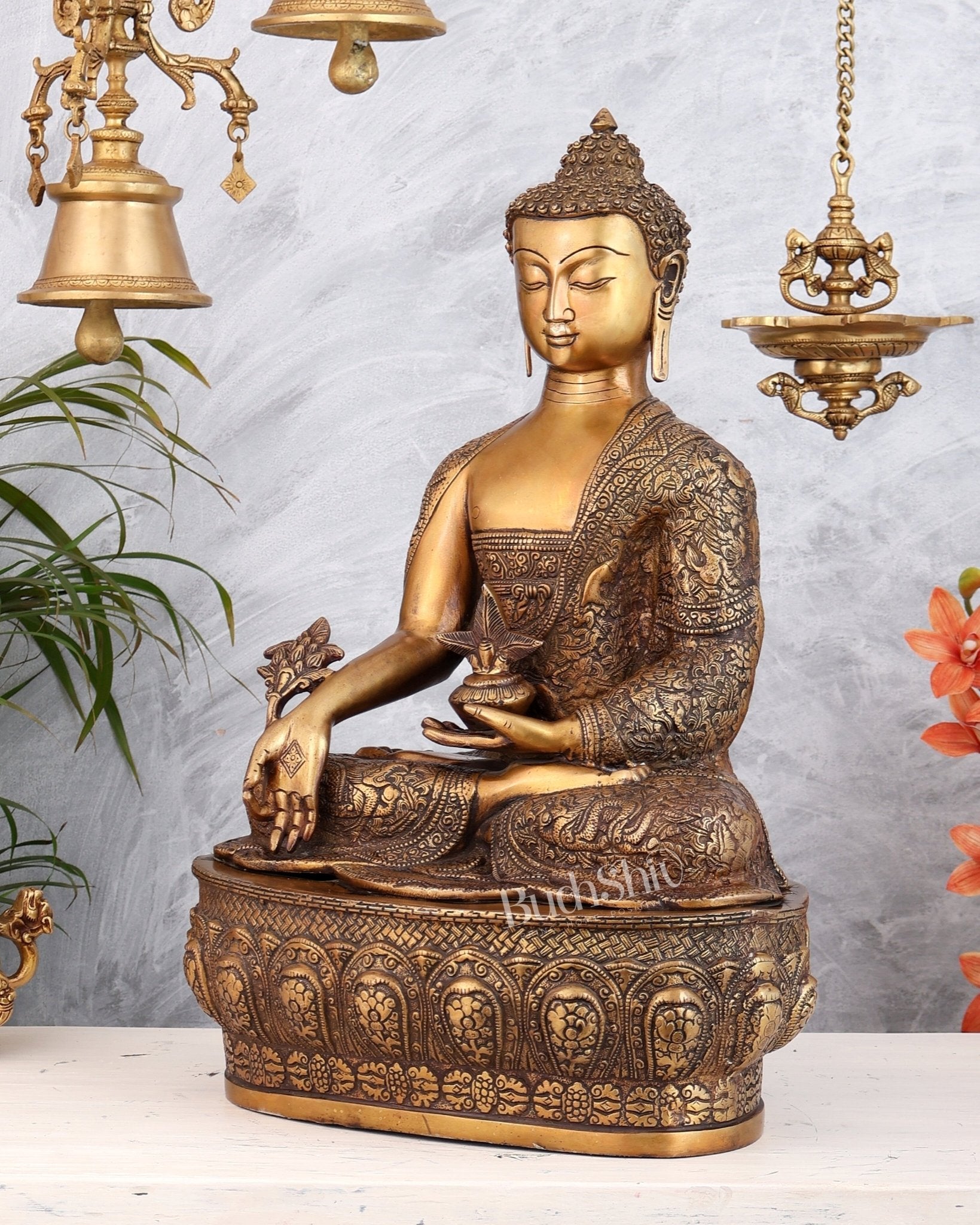 Pure Brass Buddha statue Handcrafted with Dragon Carvings 22" - Budhshiv.com