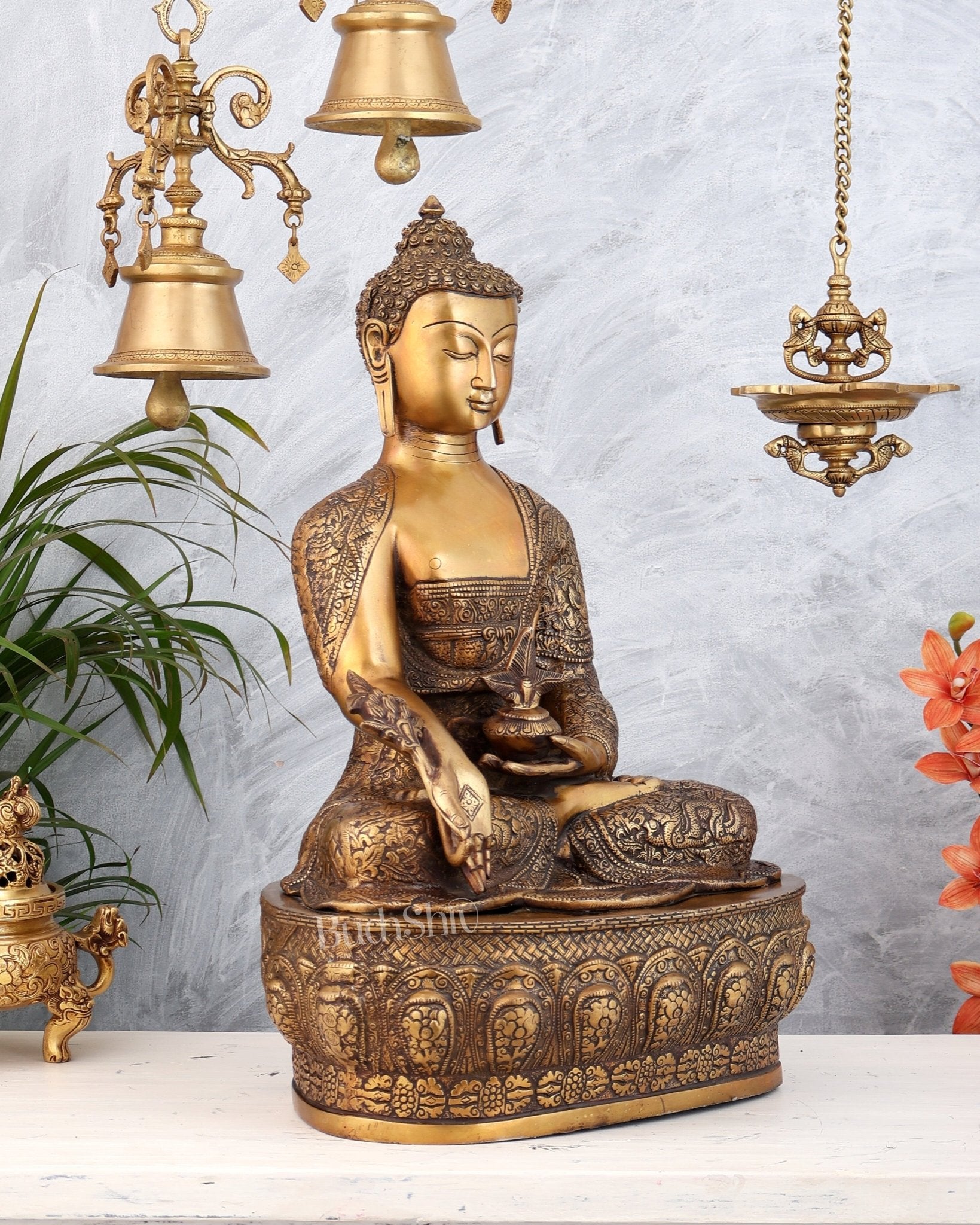 Pure Brass Buddha statue Handcrafted with Dragon Carvings 22" - Budhshiv.com