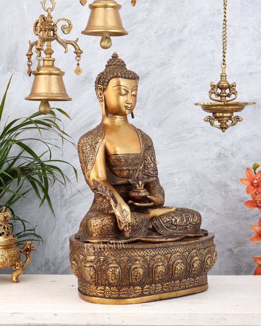 Pure Brass Buddha statue Handcrafted with Dragon Carvings 22" - Budhshiv.com
