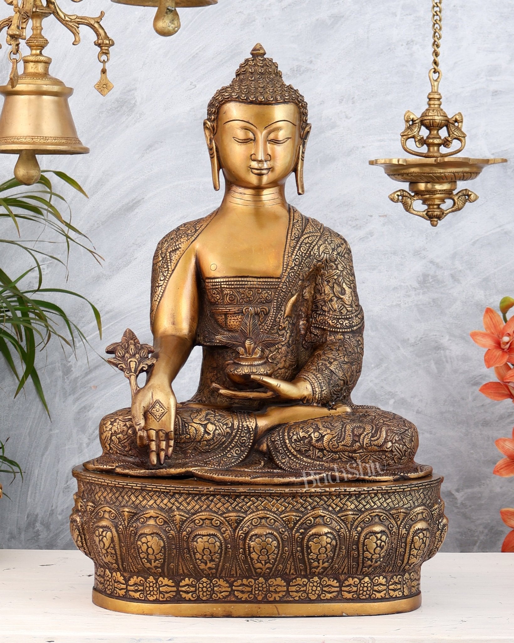 Pure Brass Buddha statue Handcrafted with Dragon Carvings 22" - Budhshiv.com