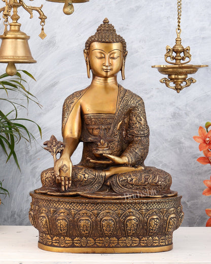 Pure Brass Buddha statue Handcrafted with Dragon Carvings 22" - Budhshiv.com