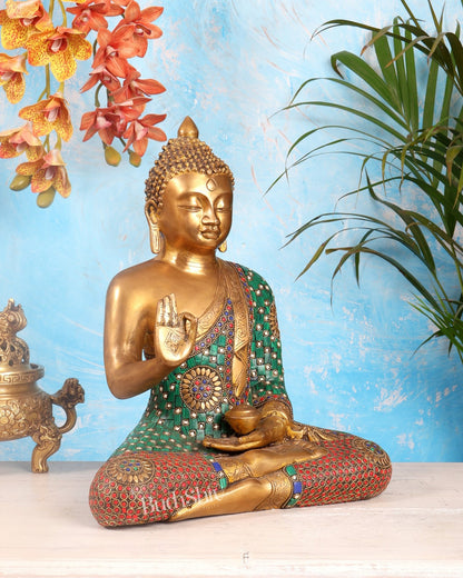 Pure Brass Buddha Statue in Abhaya Mudra with stonework 14 inch - Budhshiv.com