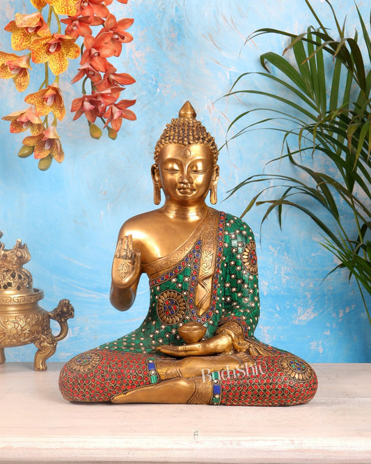 Pure Brass Buddha Statue in Abhaya Mudra with stonework 14 inch - Budhshiv.com