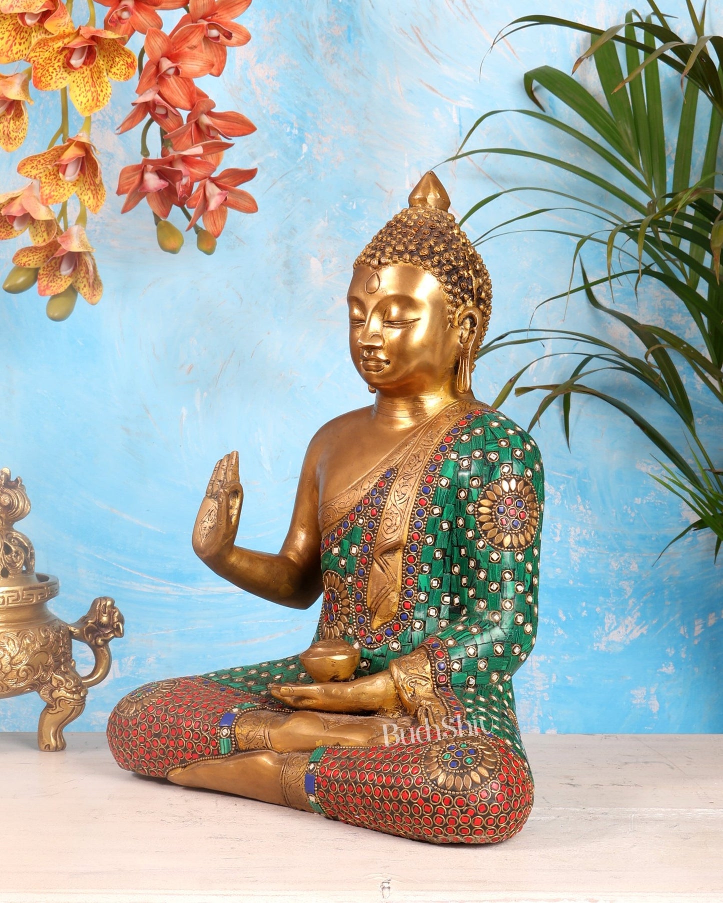 Pure Brass Buddha Statue in Abhaya Mudra with stonework 14 inch - Budhshiv.com