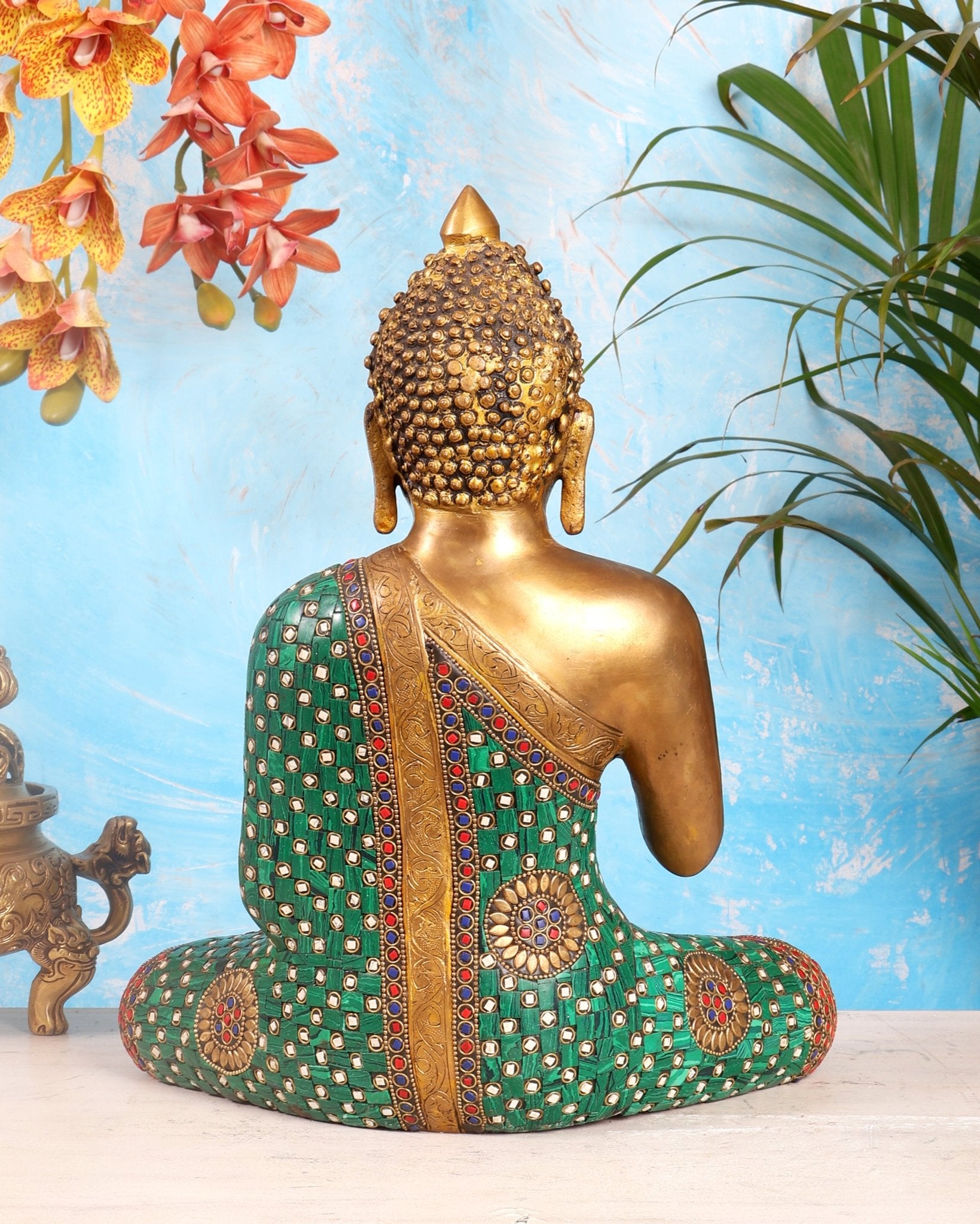 Pure Brass Buddha Statue in Abhaya Mudra with stonework 14 inch - Budhshiv.com