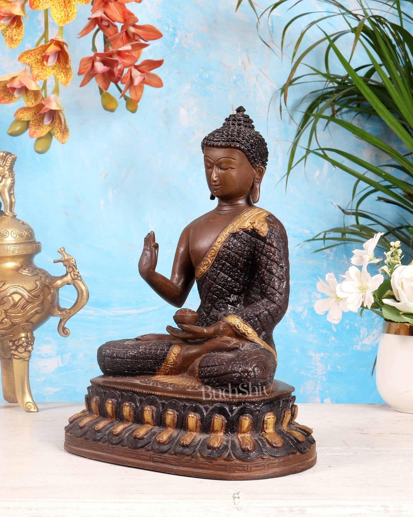 Pure Brass Buddha Statue - Nepali copper Finish, 11" Height - Budhshiv.com
