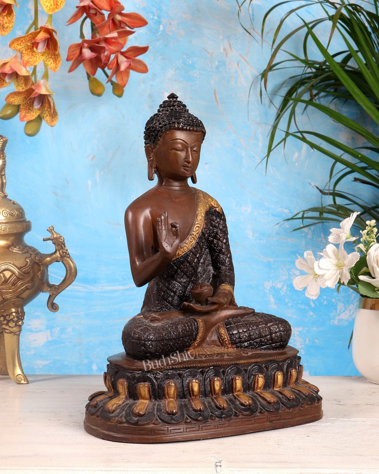 Pure Brass Buddha Statue - Nepali copper Finish, 11" Height - Budhshiv.com
