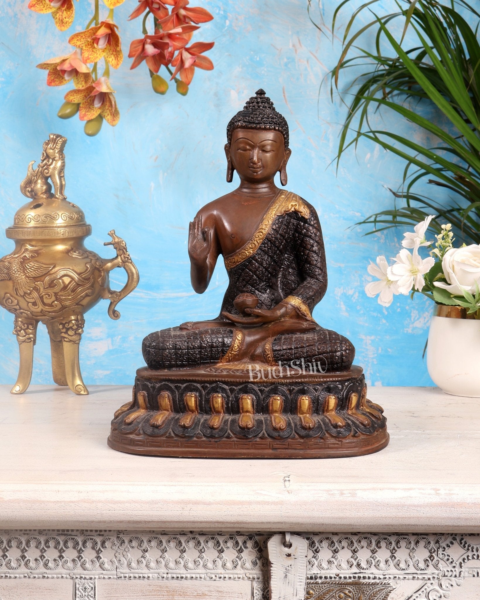 Pure Brass Buddha Statue - Nepali copper Finish, 11" Height - Budhshiv.com