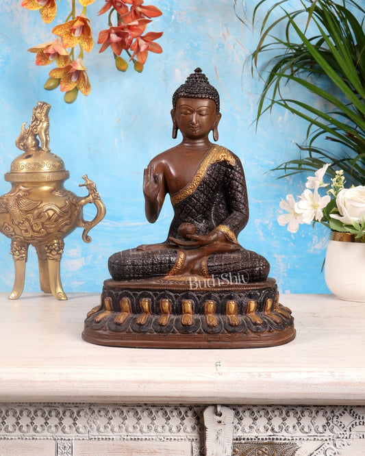 Pure Brass Buddha Statue - Nepali copper Finish, 11" Height - Budhshiv.com