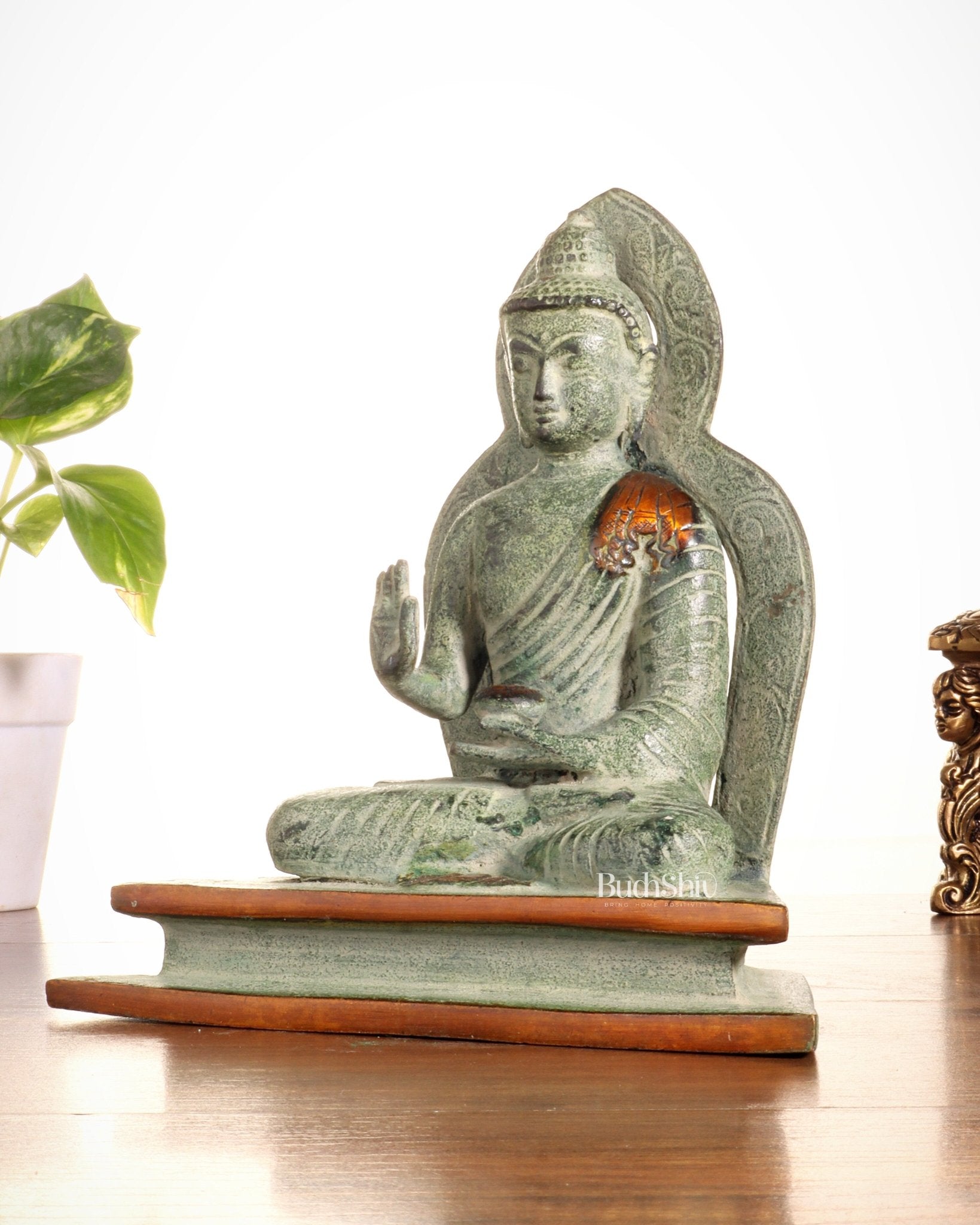 Pure Brass Buddha Statue – Sand Finish Patina 7.7" - Budhshiv.com