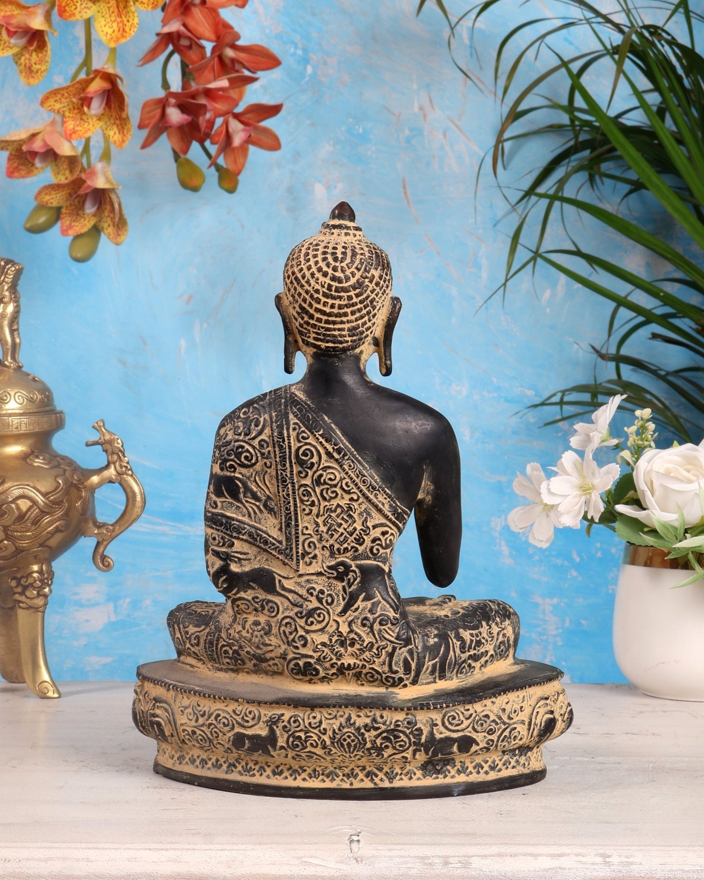 Pure Brass Buddha Statue with Animal Carvings – Sand Finish | 9.75" - Budhshiv.com