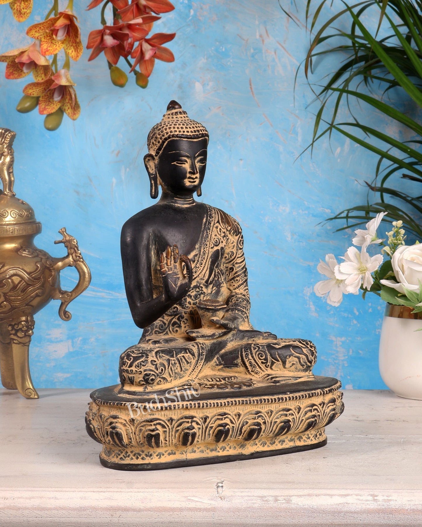 Pure Brass Buddha Statue with Animal Carvings – Sand Finish | 9.75" - Budhshiv.com
