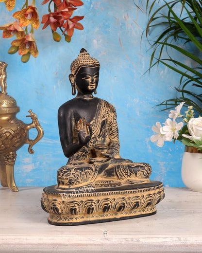 Pure Brass Buddha Statue with Animal Carvings – Sand Finish | 9.75" - Budhshiv.com