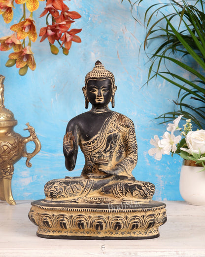 Pure Brass Buddha Statue with Animal Carvings – Sand Finish | 9.75" - Budhshiv.com