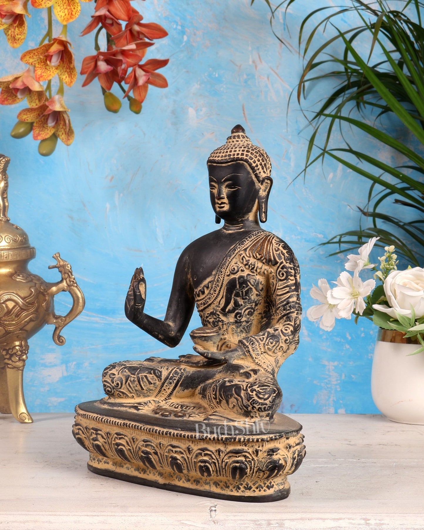 Pure Brass Buddha Statue with Animal Carvings – Sand Finish | 9.75" - Budhshiv.com