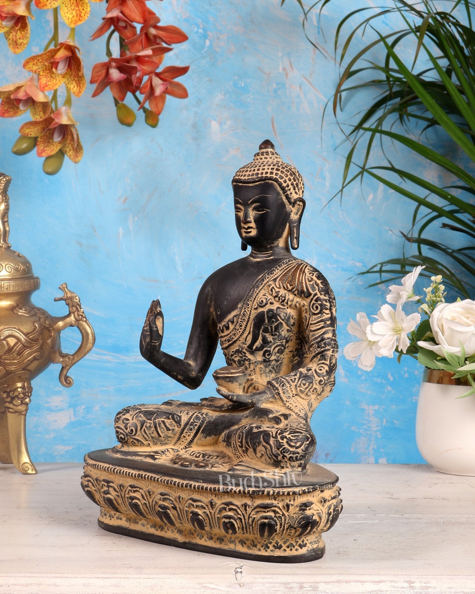 Pure Brass Buddha Statue with Animal Carvings – Sand Finish | 9.75" - Budhshiv.com