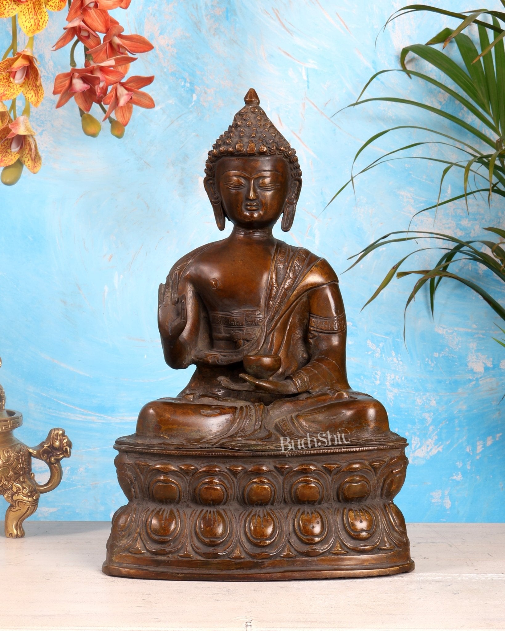 Pure Brass Buddha Statue with Blessing Hand in Vintage tone 15.5 inch - Budhshiv.com