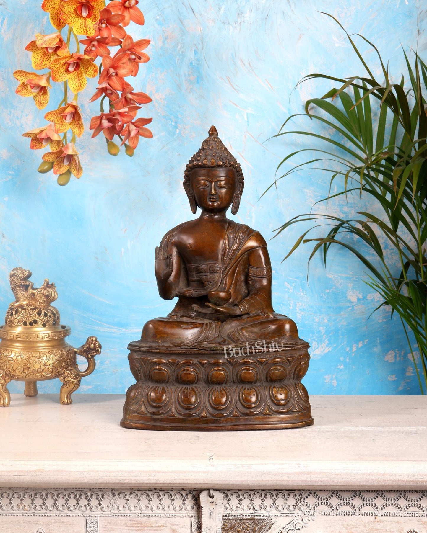 Pure Brass Buddha Statue with Blessing Hand in Vintage tone 15.5 inch - Budhshiv.com