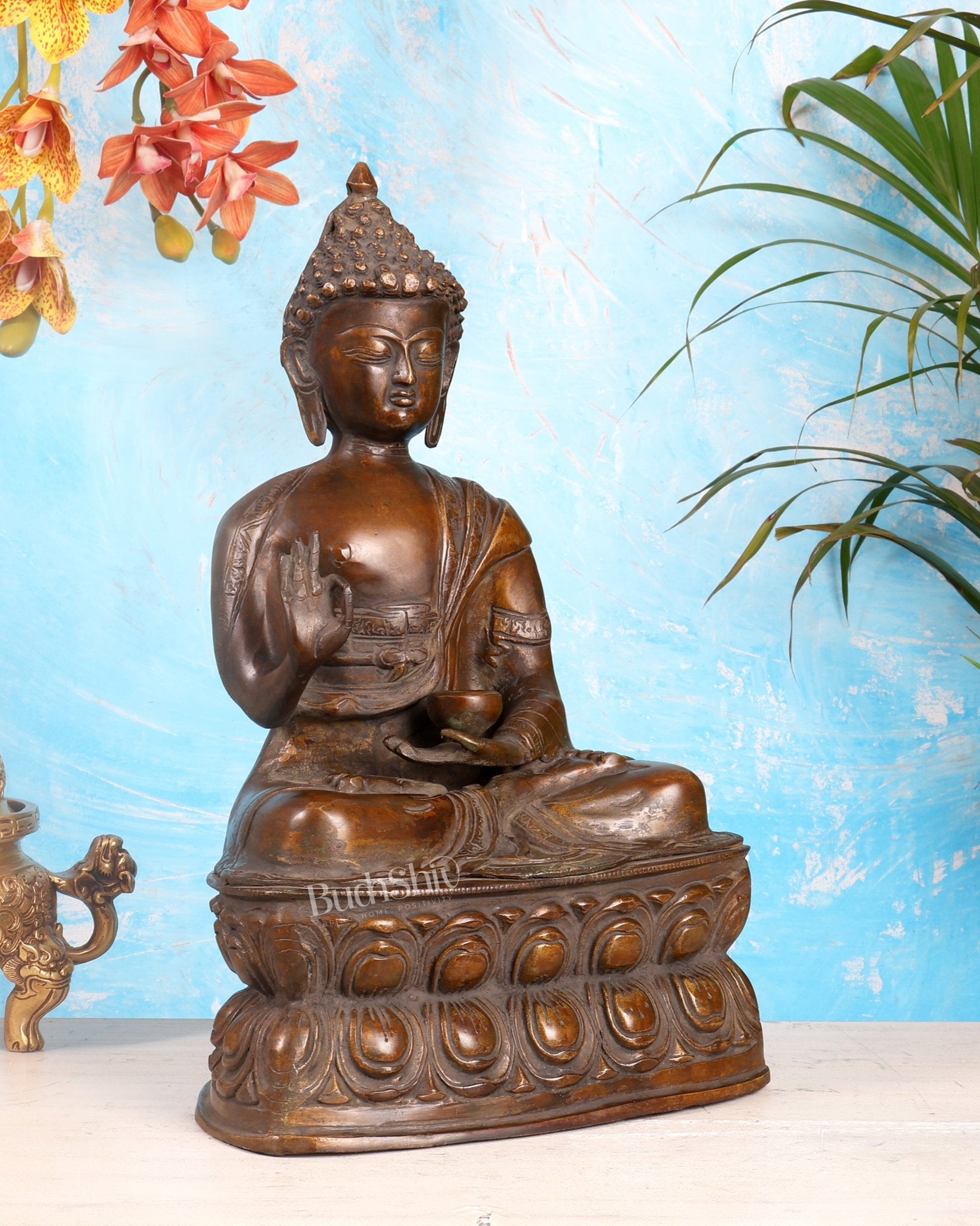 Pure Brass Buddha Statue with Blessing Hand in Vintage tone 15.5 inch - Budhshiv.com
