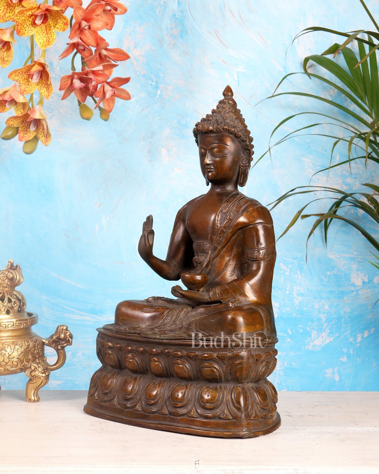 Pure Brass Buddha Statue with Blessing Hand in Vintage tone 15.5 inch - Budhshiv.com