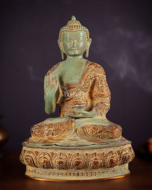 Pure Brass Buddha Statue with Engraved Life Story | 15" green Tone - Budhshiv.com