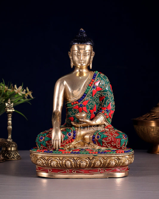 Pure Brass Buddha Statue with Floral Stonework 9" - Budhshiv.com