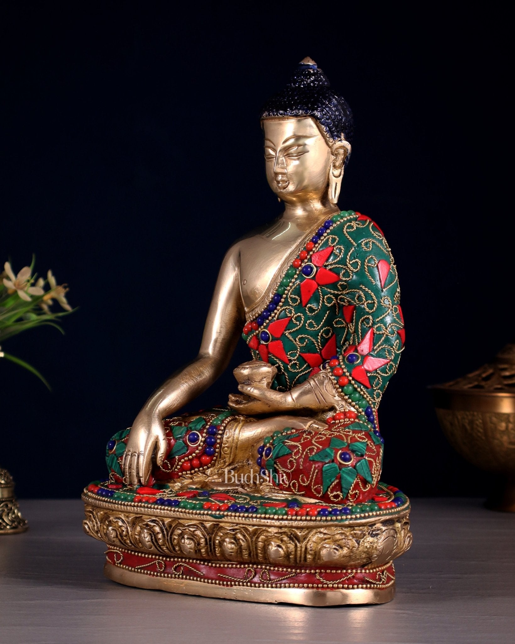 Pure Brass Buddha Statue with Floral Stonework 9" - Budhshiv.com