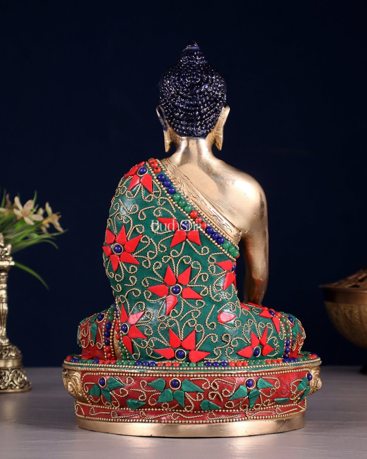 Pure Brass Buddha Statue with Floral Stonework 9" - Budhshiv.com