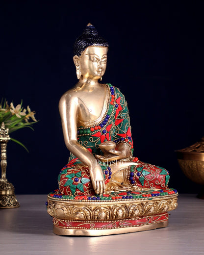 Pure Brass Buddha Statue with Floral Stonework 9" - Budhshiv.com