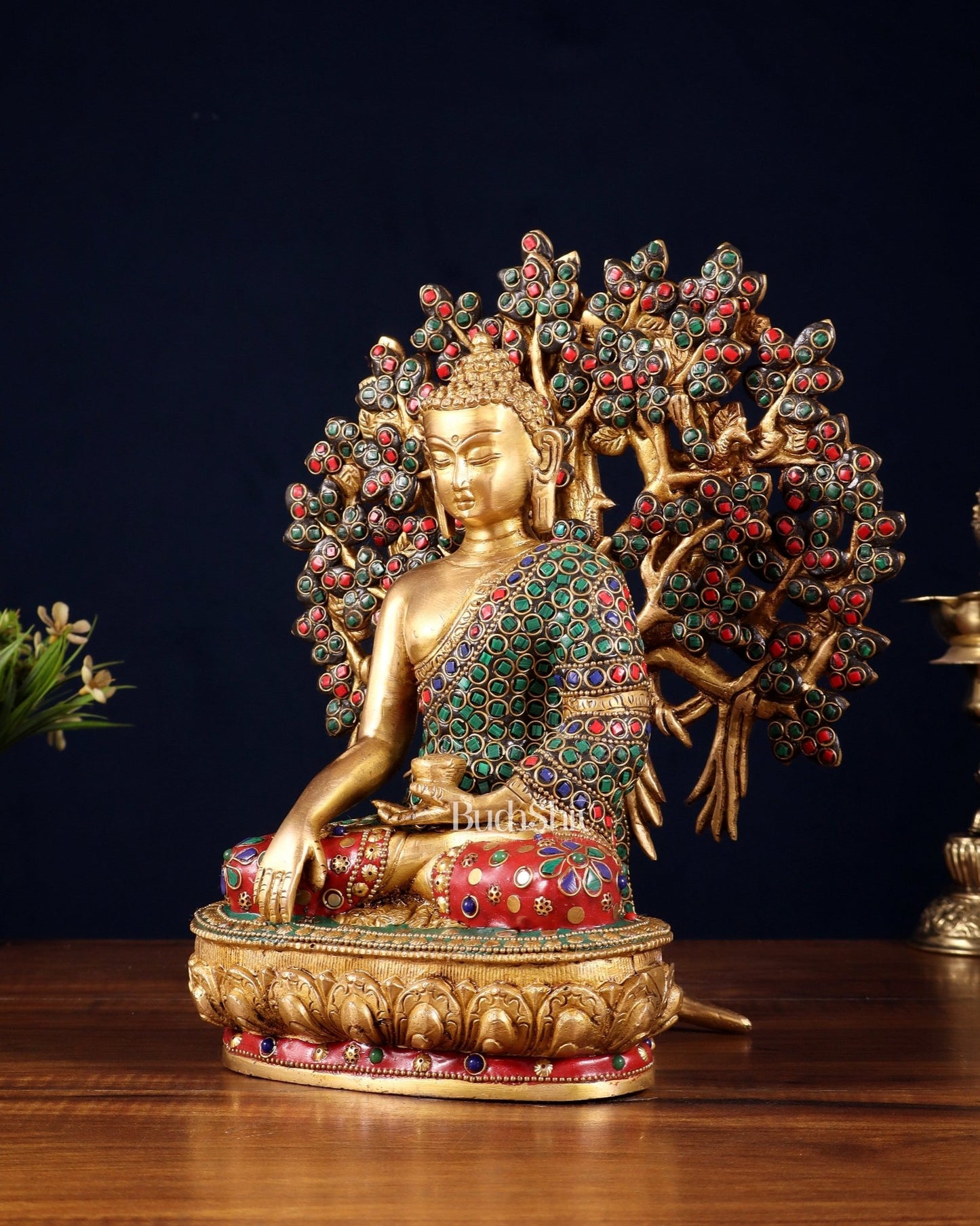 Pure Brass Buddha Statue with Kalpavriksha Tree – Stone Embellished 11" - Budhshiv.com