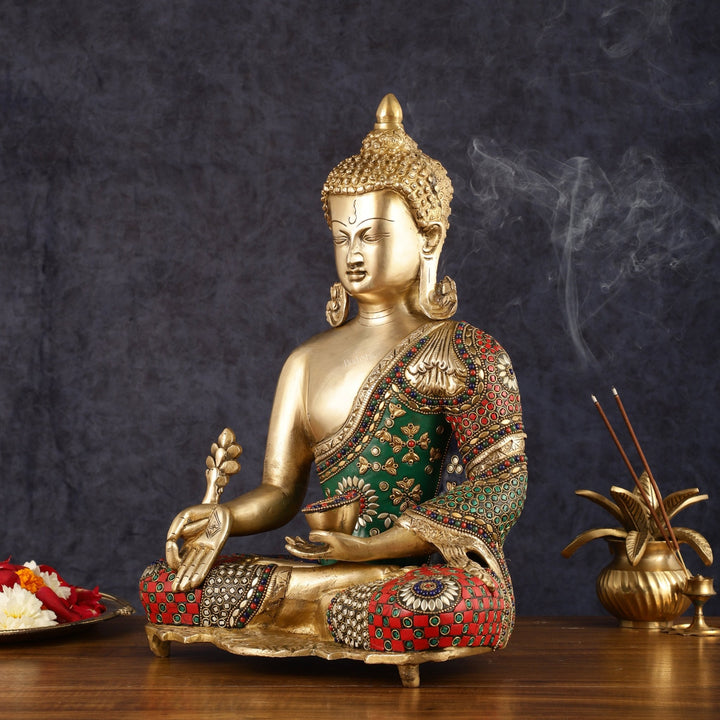 Pure Brass Buddha Statue with Meenakari Work 16 inch - Budhshiv.com