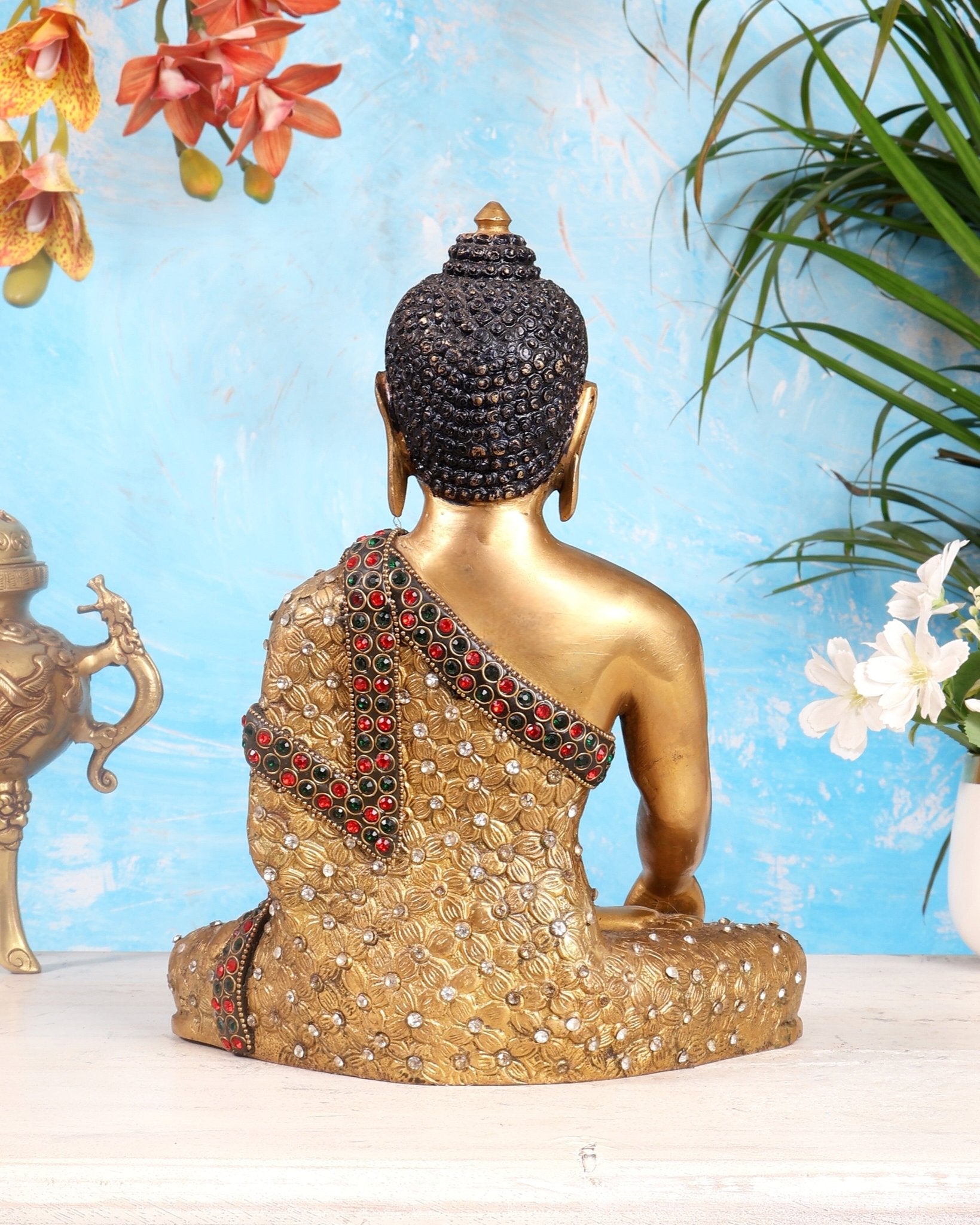 Pure Brass Buddha Statue with Nepalese Stonework – 10.5 Inch - Budhshiv.com