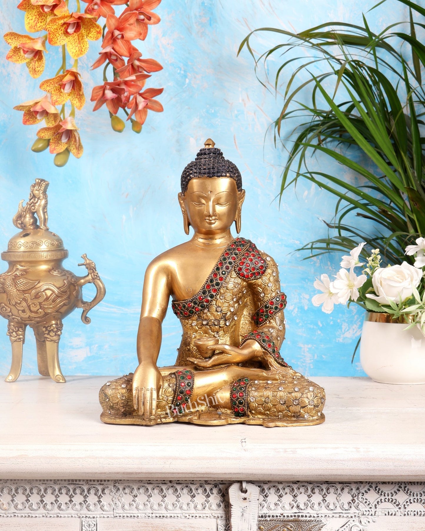 Pure Brass Buddha Statue with Nepalese Stonework – 10.5 Inch - Budhshiv.com