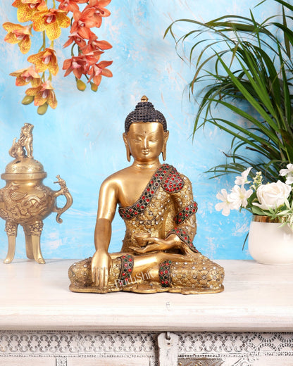 Pure Brass Buddha Statue with Nepalese Stonework – 10.5 Inch - Budhshiv.com