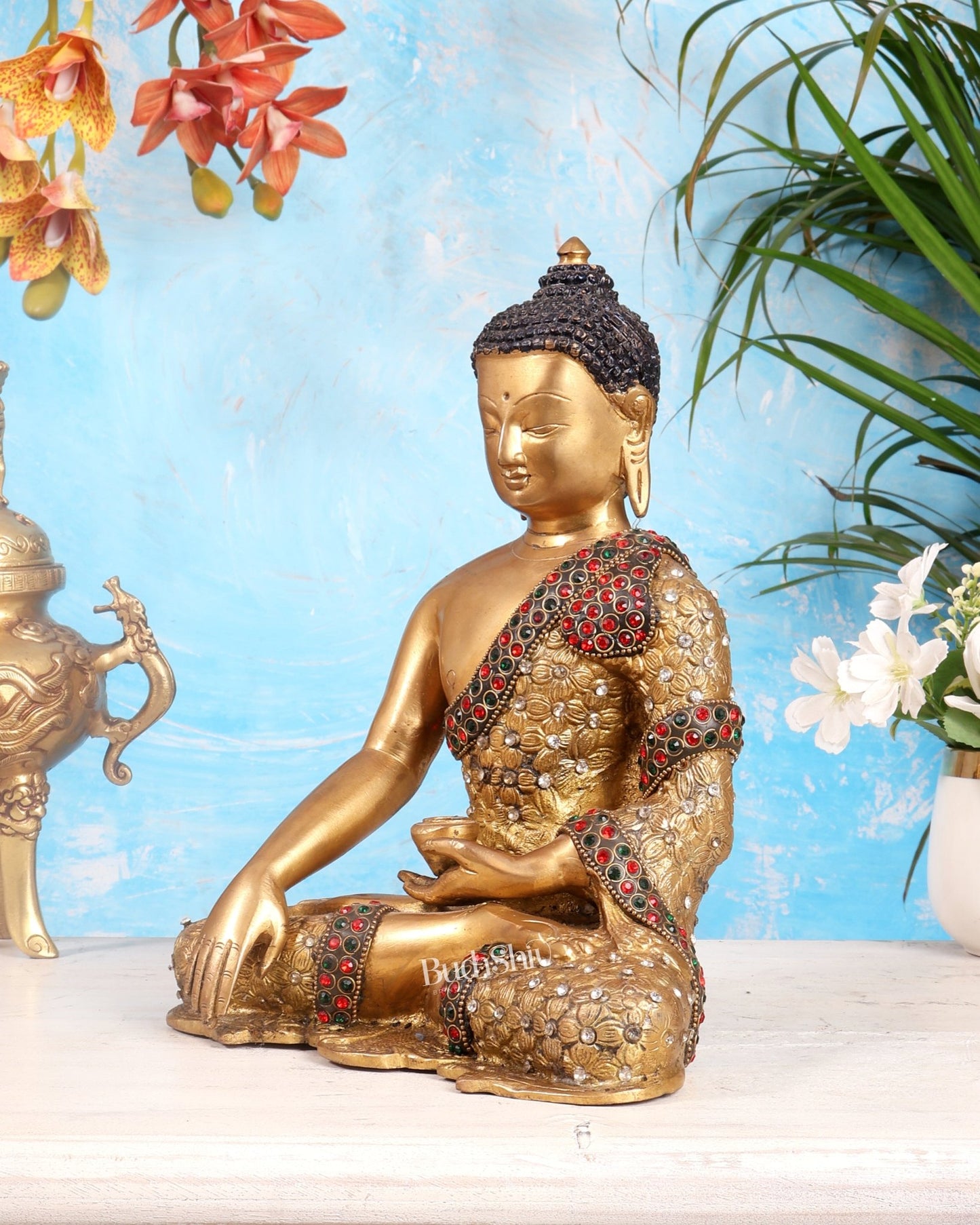 Pure Brass Buddha Statue with Nepalese Stonework – 10.5 Inch - Budhshiv.com