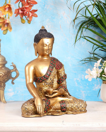 Pure Brass Buddha Statue with Nepalese Stonework – 10.5 Inch - Budhshiv.com