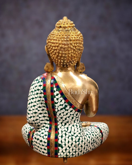 Pure Brass Buddha Statue with White Stonework – 20” x 16” x 10” - Budhshiv.com