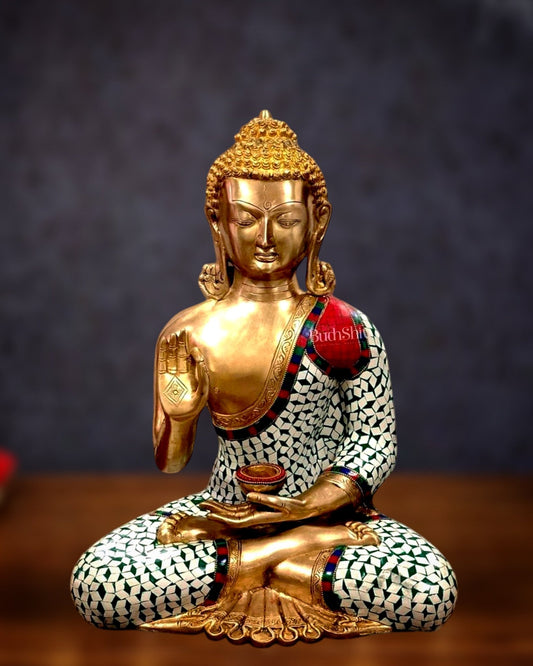 Pure Brass Buddha Statue with White Stonework – 20” x 16” x 10” - Budhshiv.com
