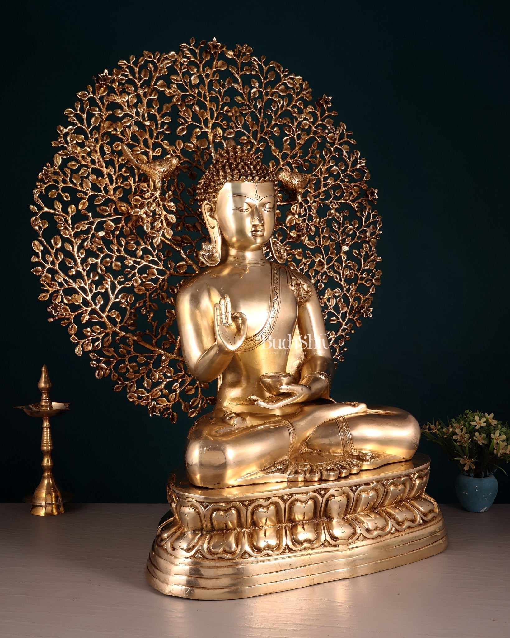 Pure Brass Buddha with Kalpavriksha Tree Statue 29" - Budhshiv.com