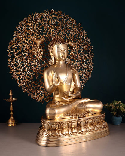 Pure Brass Buddha with Kalpavriksha Tree Statue 29" - Budhshiv.com