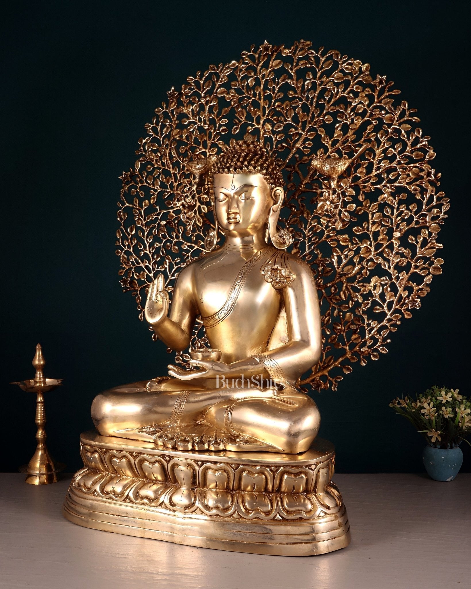 Pure Brass Buddha with Kalpavriksha Tree Statue 29" - Budhshiv.com