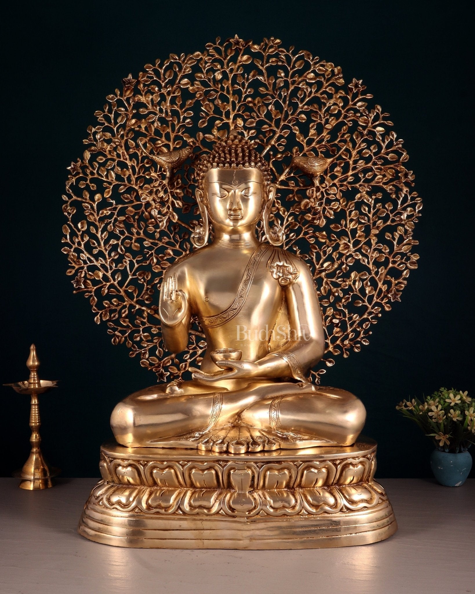Pure Brass Buddha with Kalpavriksha Tree Statue 29" - Budhshiv.com