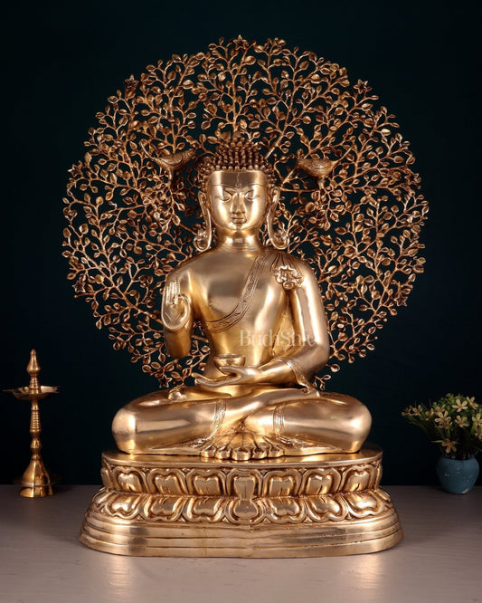 Pure Brass Buddha with Kalpavriksha Tree Statue 29" - Budhshiv.com