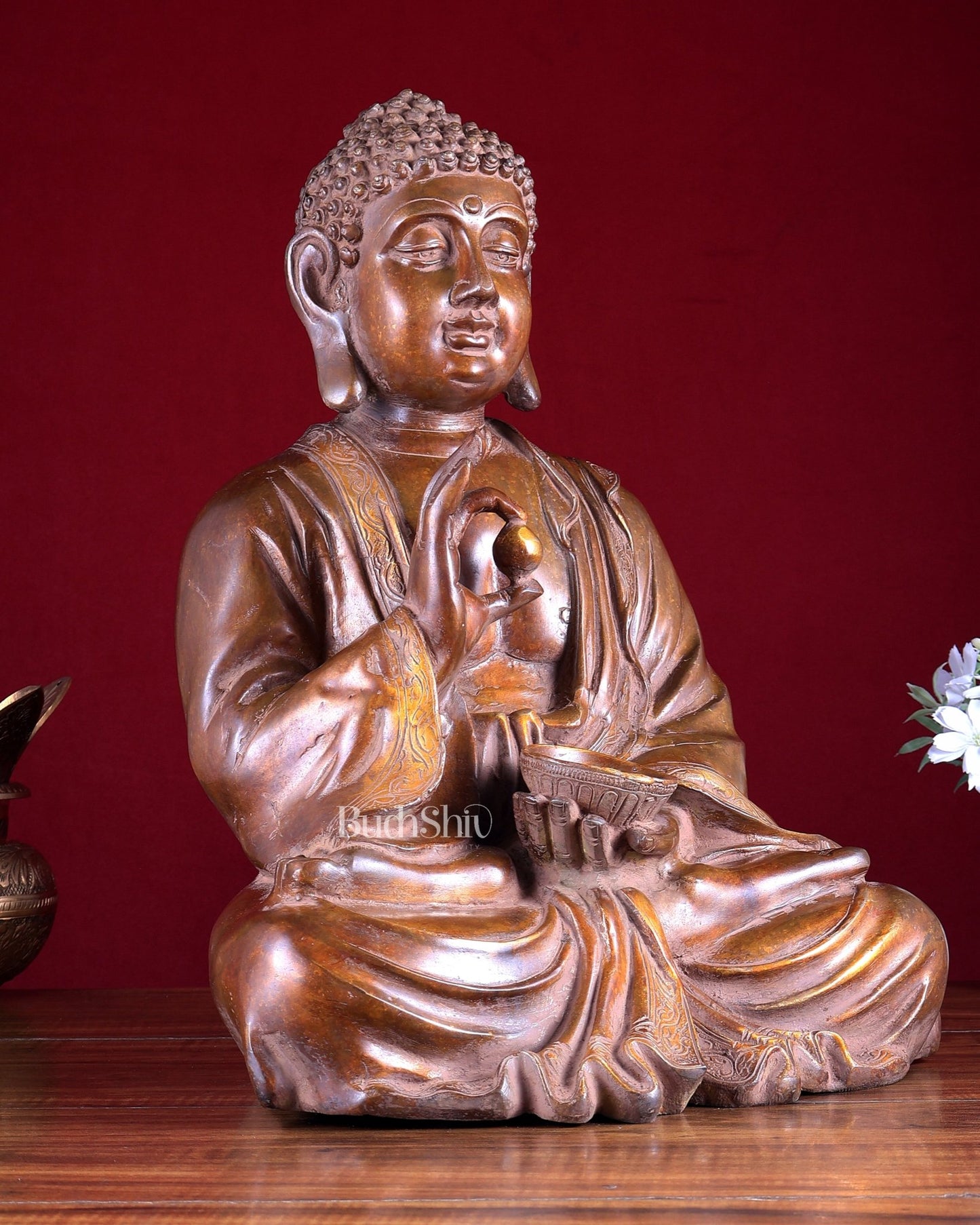 Pure Brass Buddha with medicine bowl 16 " bronze finish - Budhshiv.com