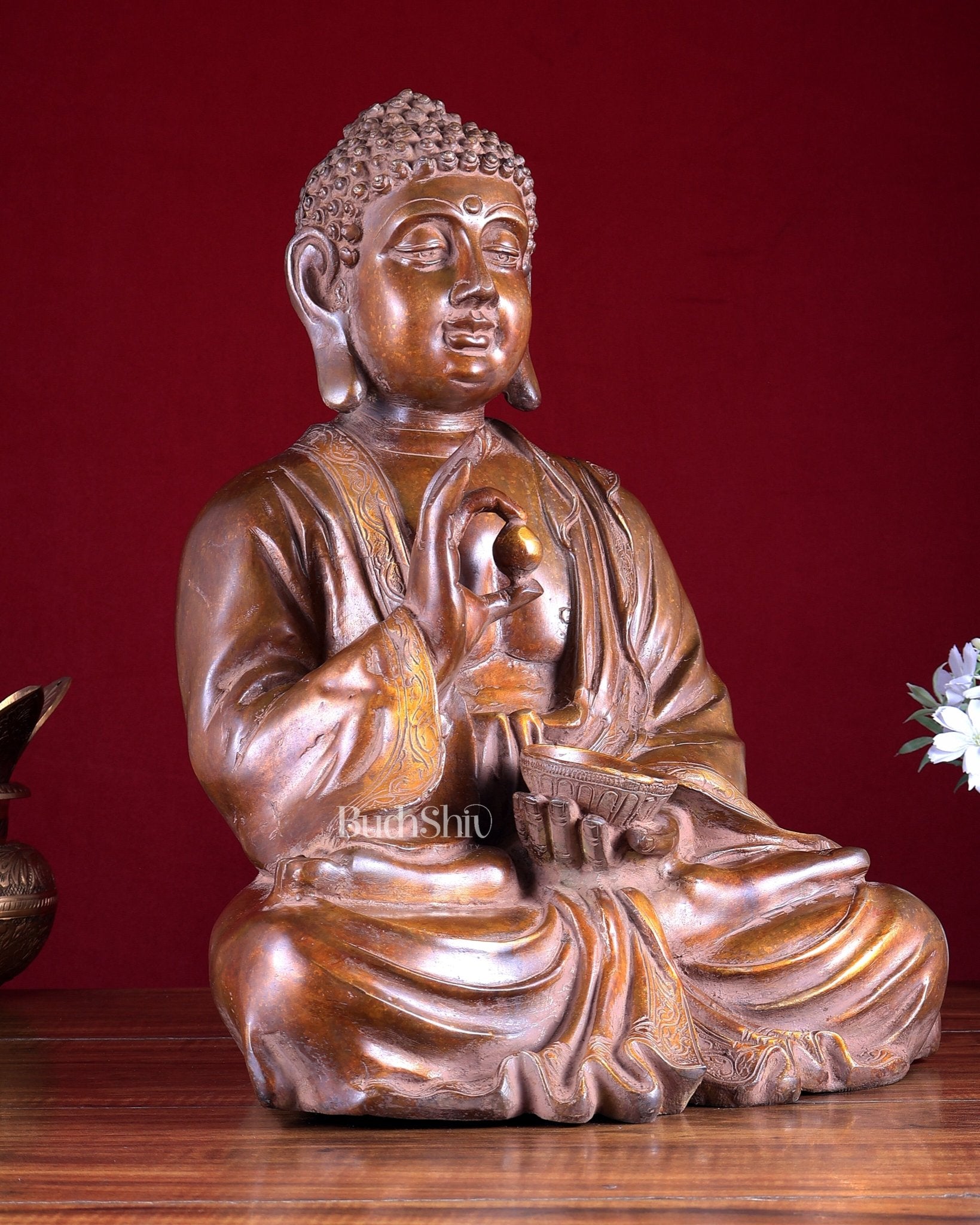 Pure Brass Buddha with medicine bowl 16 " bronze finish - Budhshiv.com