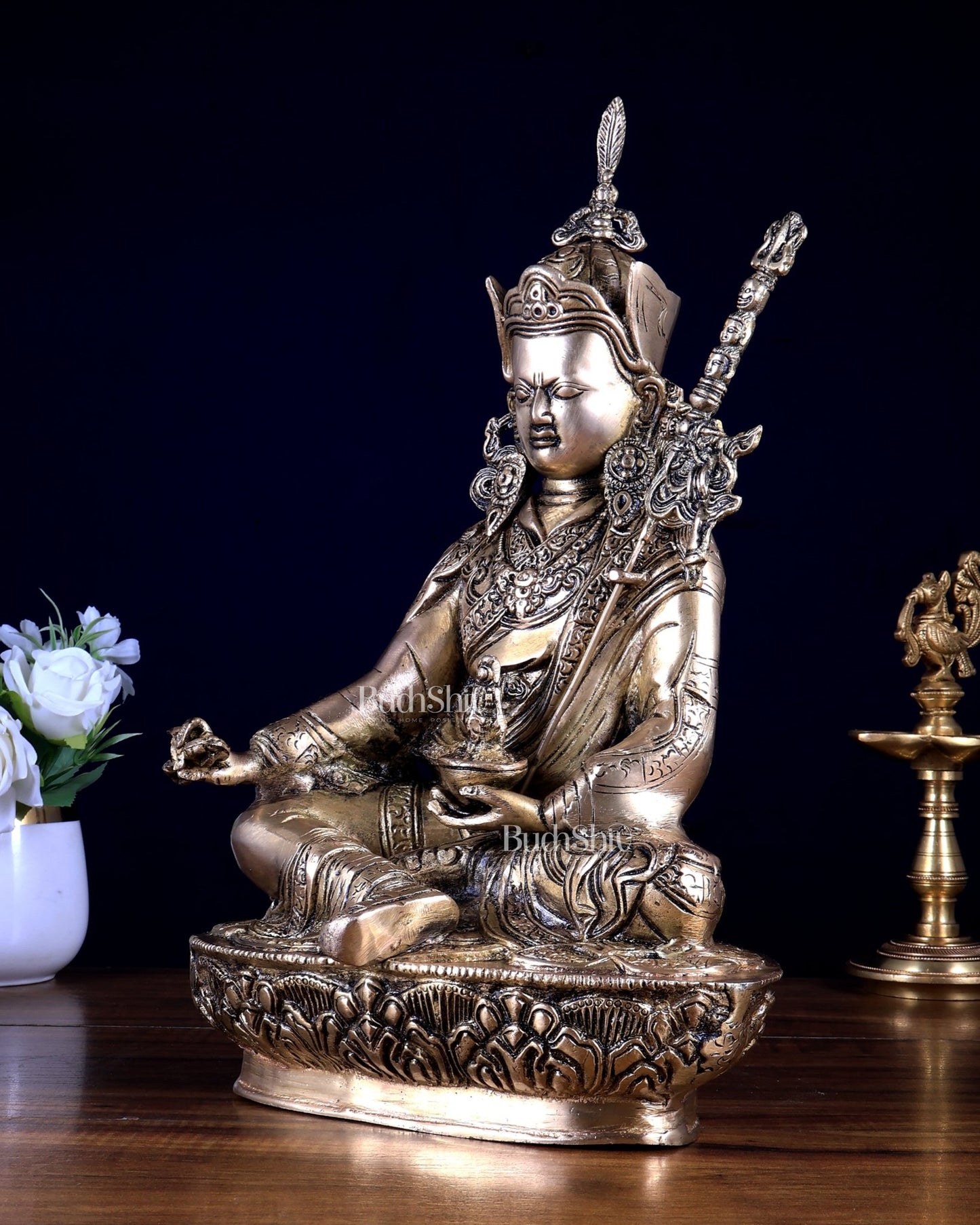 Pure Brass Buddhist Deity Rimpoche – Unique Statue 13 inch - Budhshiv.com